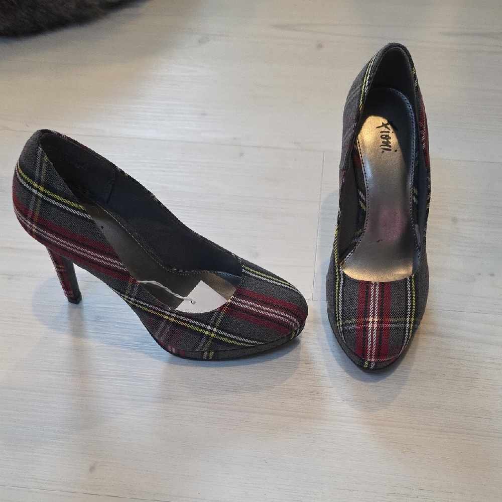 Xhilaration Plaid Heels - Red, Black, and Yellow